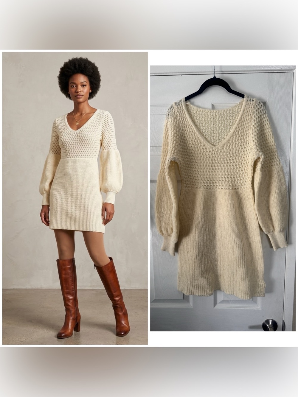 Cupshe Cream V-Neck Knit Sweater Dress with Balloon Sleeves, XS